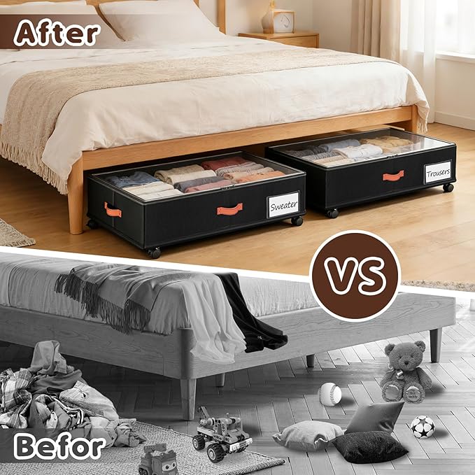 Under Bed Storage with Wheels 2-Pack, Under Bed Storage Containers 60L Clear Lids, Rolling Storage Drawers for Clothes Shoes Blankets, Underbed Organizer Bins(32" L x 17.3" W x 7.5" H)