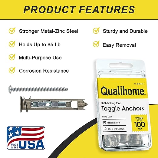 Heavy Duty Drywall Anchors and Screws Kit Including Self-DrillingToggle Anchors & Screws - Durable Zinc Self Drilling Drywall Anchors for Hanging Pictures & More