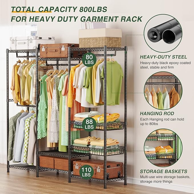 LEHOM G8 Wire Garment Rack, Heavy Duty Clothes Rack with 2 Storage Baskets, Adjustable Compact Clothing Rack for Hanging Clothes, Free Standing Closet Wardrobe for Bedroom,68.5"L x15.7"Wx70.8"H,Black