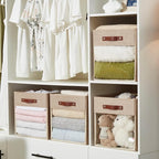 Storage Cube Organizer with Clear Window, Linen Collapsible Storage Boxes with PU Handles, Cube Storage Bins for Shelf, Closet, Cabinet, Bookcase (13x13x13, Khaki)