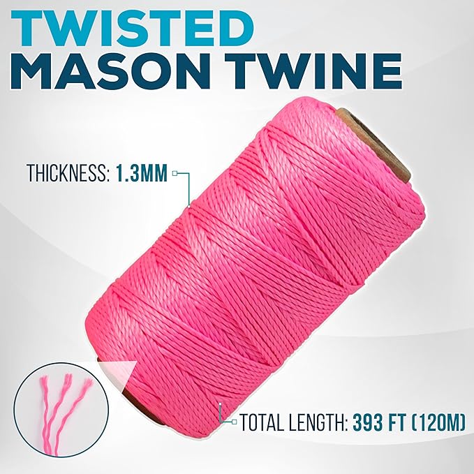 Pink Mason Line String – 393ft, 1.3mm Thick Twisted Polypropylene – Durable Construction Twine for Laying Bricks, Blocks, Fences in Gardening, DIY & Landscaping Projects
