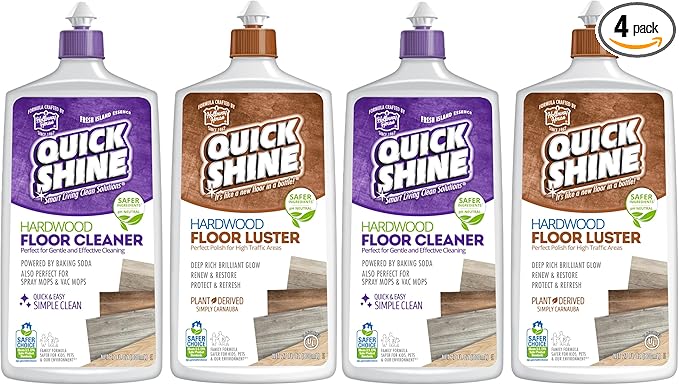 Quick Shine Hardwood Floor Cleaner & Wood Floor Polish w/Plant-Derived Carnauba 27oz Bottles,Removes Scratches,Safer Choice,A Clean That Can Be Seen,(Pack of 4)