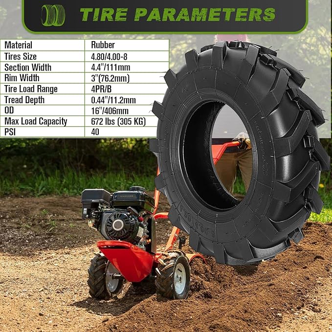 2 PCS 4.80/4.00-8 Tires, 4.80x4.00-8" Tubeless Turf Lawn Garden Tires for Tractor Tillers Golf Cart Most Garden Lawn Mower Tires