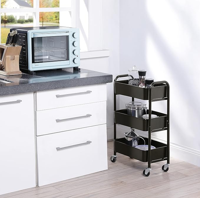 SunnyPoint 3-Tier Delicate Compact Rolling Metal Storage Organizer - Mobile Utility Cart Kitchen/Under Desk Cart with Caster Wheels - BLK (15.35" X 10.24" X 26.8"H)