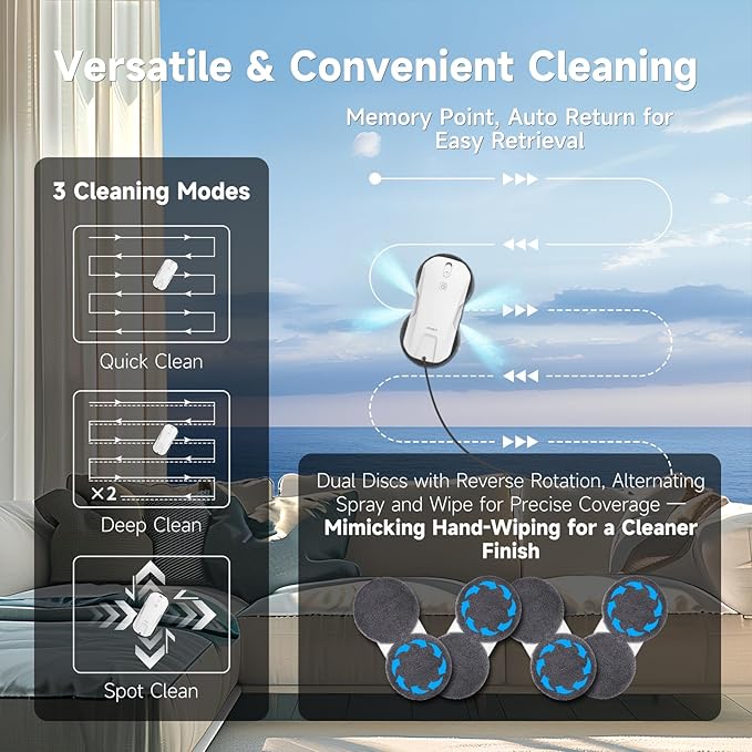 Fmart T11 Window Cleaning Robot, 5300PA Suction, Automatic 4-Way Spraying System, Triple Safety Protection, Smart Navigation, Remote Control, for All Smooth Surfaces, Includes 10 Cleaning Pads. (2025)