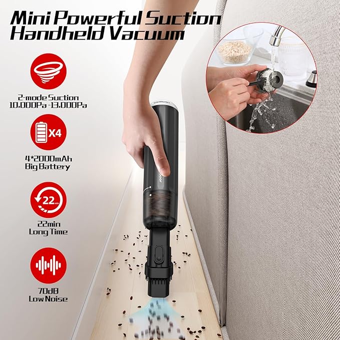Chuboor 13000PA Powerful Car Vacuum Cleaner High Power Cordless Rechargeable, Handheld Vacuum, Portable Mini Vacuum with LED SOS Light, Small Hand Held Vacuuming Cordless(P16-Black)
