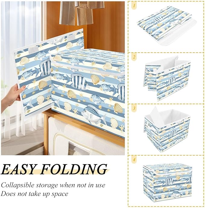 senya Large Storage Bins with Linen Collapsible Foldable Storage Cubes Fabric Closet Organizer Containers box with Flip-Top Lid for Home Bedroom Office 16.7 x 12.6 x 11.8in (Fish Shells Light Blue)