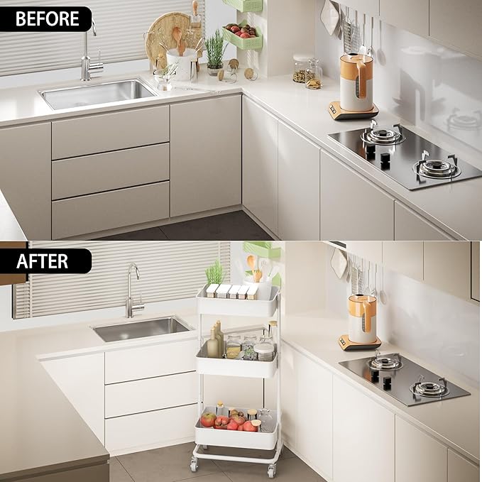 TECBOT 3 Tier Metal Rolling Cart with Wheels, Utility Storage Cart with Handle and Lockable Casters, Storage Basket Organizer Shelves, Easy Assemble for Kitchen, Living Room, Office, Nursery, White