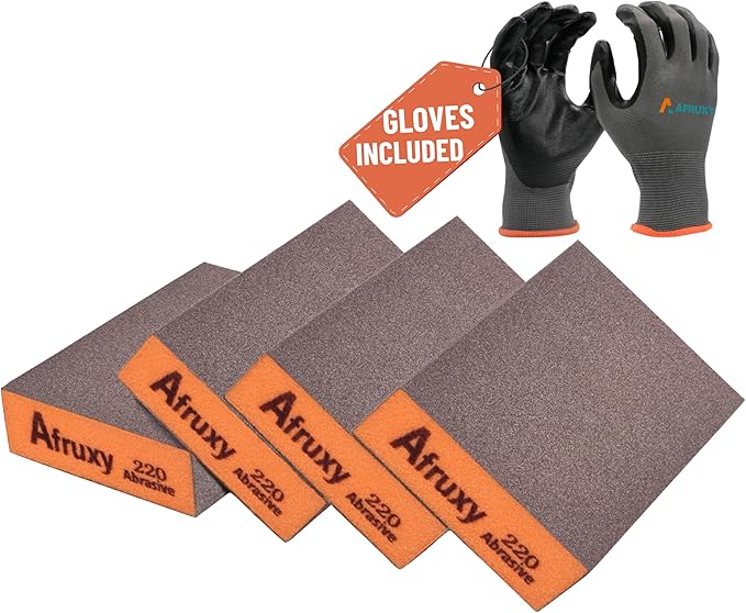 4-Pack 220 Grit Sanding Sponges with Work Gloves Men – Reusable Dry & Wet Sanding Blocks for Wood, Drywall, Metal – Super High-Density Sandpaper Blocks for Furniture & Automotive Projects