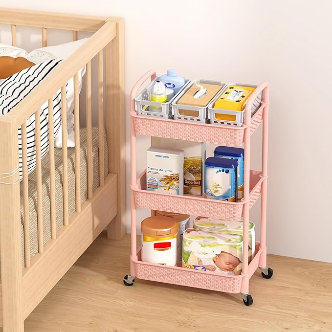MOYIPIN 3-Tier Plastic Rolling Utility Cart with Handle,Utility Storage Cart for Office, Living Room, Kitchen,Movable Storage Organizer Shelves,Pink