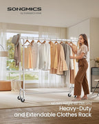 SONGMICS Clothes Rack with Wheels, Heavy-Duty Garment Rack with Extendable Hanging Rod, 286.6 lb Load Capacity, 17.7 x (43.3-59.1) x 64.1 Inches, Chrome-Plated, Silver UHSR11S
