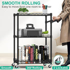 3 Tier Rolling Cart with Wheels, Metal Utility Cart for Storage Heavy Duty Wire Trolley for Kitchen Serving Grocery Food with 3 Shelf Liners 6 Hooks, 18 x 23.8 x 37 Inches, Black