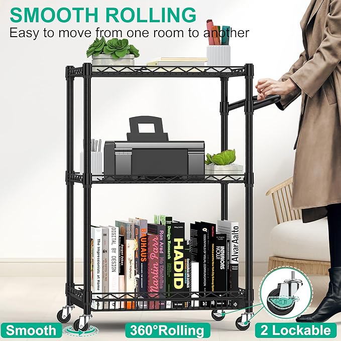 3 Tier Rolling Cart with Wheels, Metal Utility Cart for Storage Heavy Duty Wire Trolley for Kitchen Serving Grocery Food with 3 Shelf Liners 6 Hooks, 18 x 23.8 x 37 Inches, Black