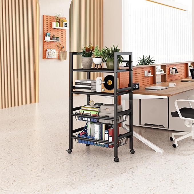 Four-Tier Metal Rolling Rack, Removable Metal Sheets, Grid Baskets with Wheels, Kitchen Storage Cart, Shelf for Pantry, Bathroom, Kitchen, Office, Garage, Black (Large)