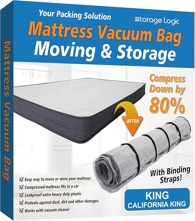 Storage Logic Foam Mattress Vacuum Bag for Moving, Storage, Vacuum Seal Mattress Bag with Straps (King/Cal-King)