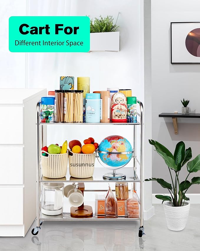 susunnus Stainless Steel Cart with Wheels 3 Tier,Stainless Steel Kitchen Cart,Utility Cart,Metal Cart with Wheels,Suitable for Various Occasions,Movable,Gift Tools