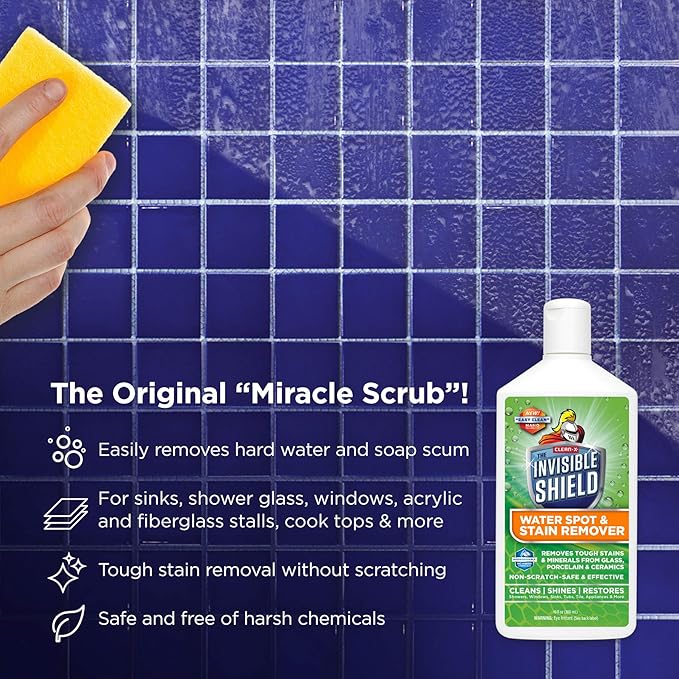 Invisible Shield Water Spot & Stain Remover Scrub 10 fl. oz. Removes Hard Water Spots and Soap Scum from Glass and Multi Surface by UNELKO- Clean-X Invisible Shield 2 Pack
