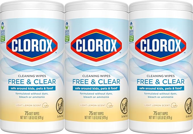 Clorox Free & Clear Cleaning Wipes, Light Lemon Scent, 75 Count, Pack of 3 (Pack May Vary)
