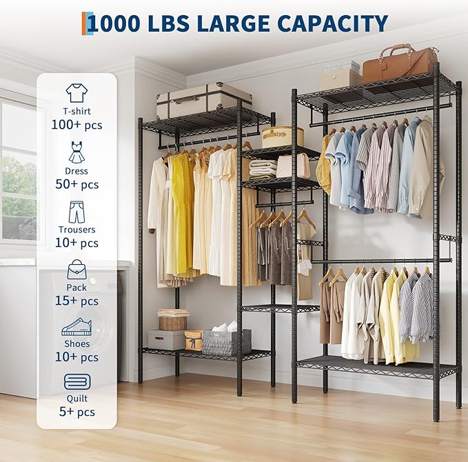 Heavy Duty Clothes Rack, Clothing Racks for Hanging Clothes, Freestanding Garment Racks with Shelves, Adjustable Closet Racks, 73.6" L x 17.3" W x 76.4" H, Max Load 1000LBS, Black