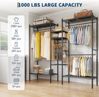 Heavy Duty Clothes Rack, Clothing Racks for Hanging Clothes, Freestanding Garment Racks with Shelves, Adjustable Closet Racks, 73.6" L x 17.3" W x 76.4" H, Max Load 1000LBS, Black