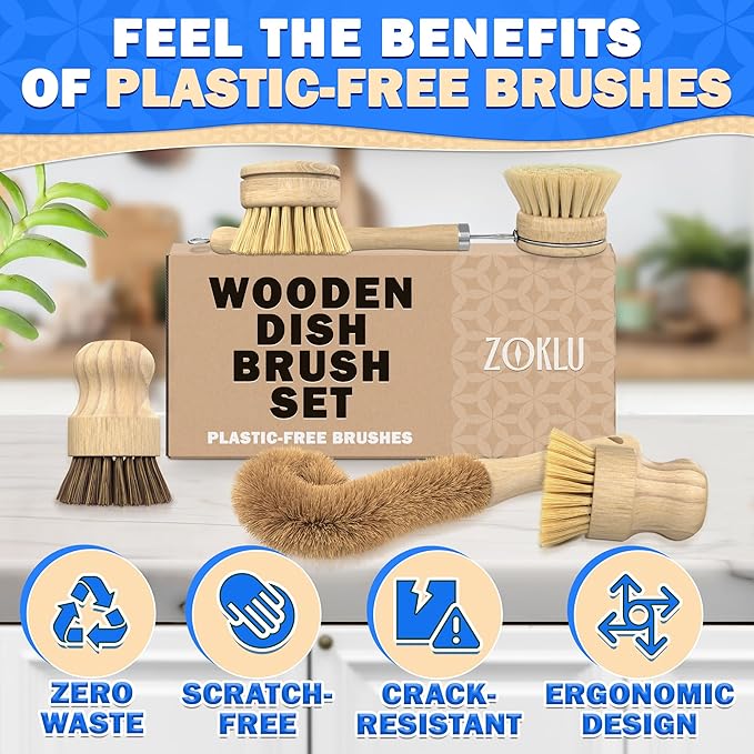 5 Pcs Bamboo Dish Brush Set – Wooden Dish Brush with Ergonomic Handle for Scrubbing Pots and Pans – Durable, Scratch-Free Bristles for Effective Dishwashing & Easy Grip for Comfortable Use
