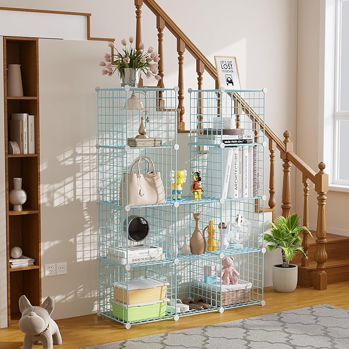 C&AHOME Wire Cube Storage, 12 - Cube Organizer Metal C Grids, Modular Shelves Units, Closet Organizer, Ideal for Home, Office, Living Room, 36.6”L x 12.4”W 48.4”H, Blue UWCS3012B