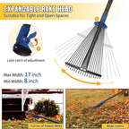 Adjustable Leaf Rake, Heavy Duty Metal Rake for Leaves, Long Handle 30"-90" with Expandable Head 8"-17", Collapsible Small Rakes for Lawns, Gardening, Yard, Camping, Shrub, Grass, Bush, Weed, Debris