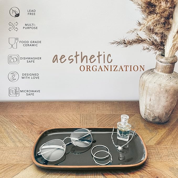 Mora Ceramic Decorative Tray - Rectangle 10in Dish for Jewelry, Soap Dispenser, Perfume, Makeup, Accessories, Candle, in The Bathroom Vanity, Bedside, or Kitchen Counter. Cute Organizers - Black