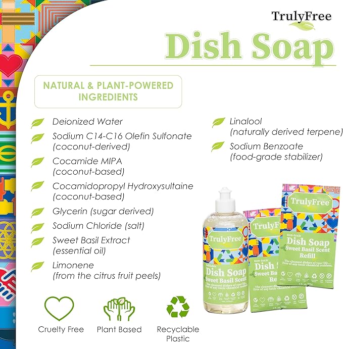 Natural Concentrated Dish Detergent Dishwashing Liquid | Plant-Based Dish Soap | Sweet Basil Fresh Scent | 2 Refill Packs with 1 Empty Refillable Squeeze Bottle (16 Oz)