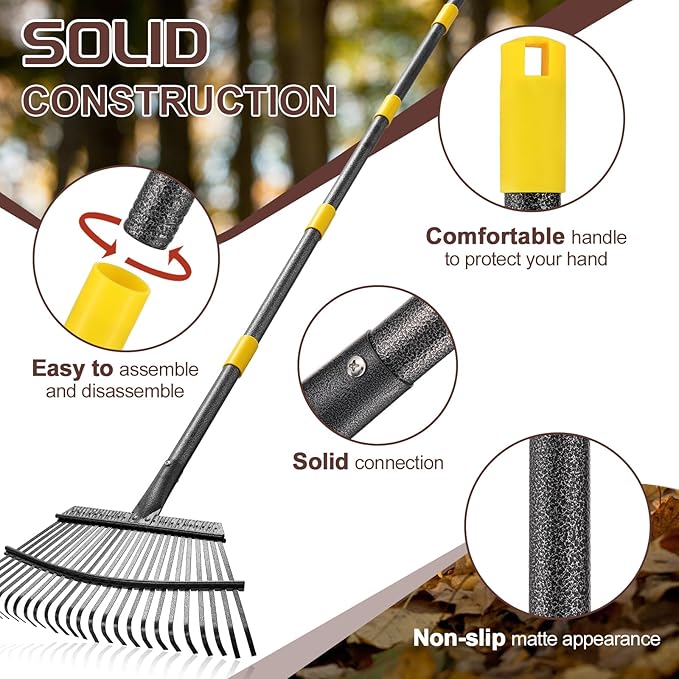 Metal Garden Rake, 6FT Rake for Leaves Lawns, 25 Metal Tines 18 inch Wide with Adjustable Handle Heavy Duty Yard Leaf Rakes for Gardening