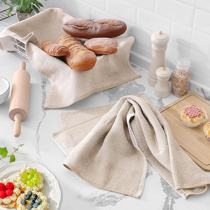 Homaxy Premium Kitchen Towels(18”x 28”, 6 Pack), Large Cotton Kitchen Hand Towels, Flat and Terry Dish Towels, 380 GSM Highly Absorbent Tea Towel Set with Hanging Loop, Red/Grey/Khaki