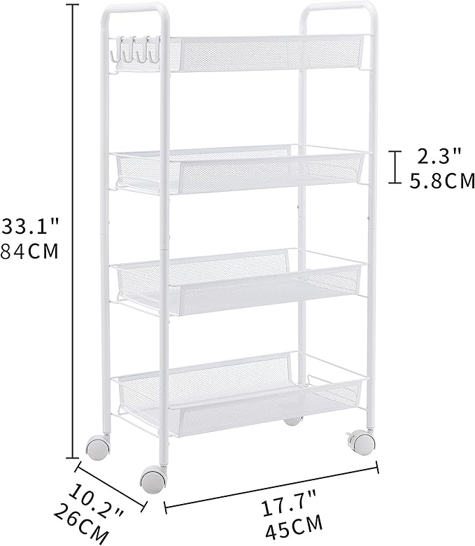 JANE EYRE Rolling Utility Storage Rack Cart on Wheels, Trolley Carft cart, Multi-Purpose Organizer Shelf (White, 4 Tier)…