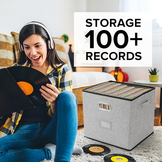 Vinyl Record Storage Box Hold 100+ 12" Albums Stackable LP Storage Bin with Lid Record Holder Protect Albums, CDs, Books, Magzine, Files