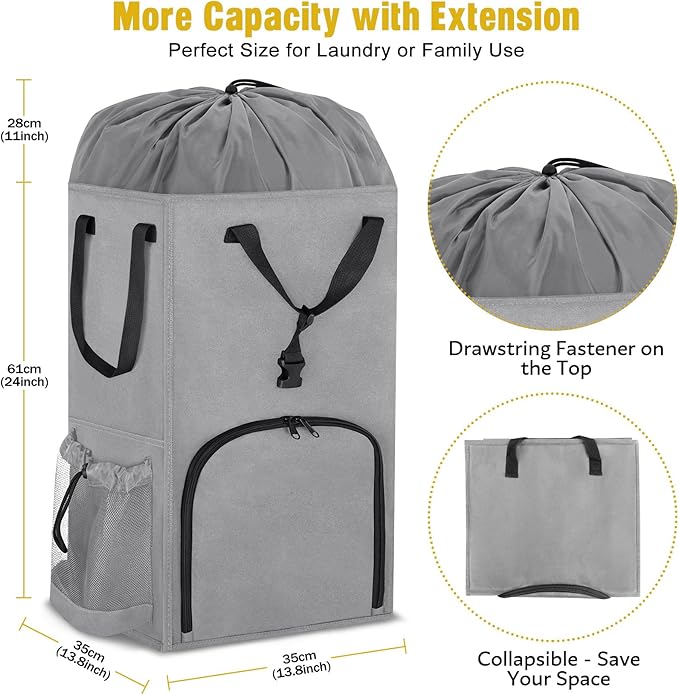 110L Backpack Laundry Bag, Laundry Backpack Heavy Duty with Shoulder Straps, Collapsible and Mesh Pocket Back to School Supplies Hamper Bag for College, Travel, Laundromat, Apartment Grey