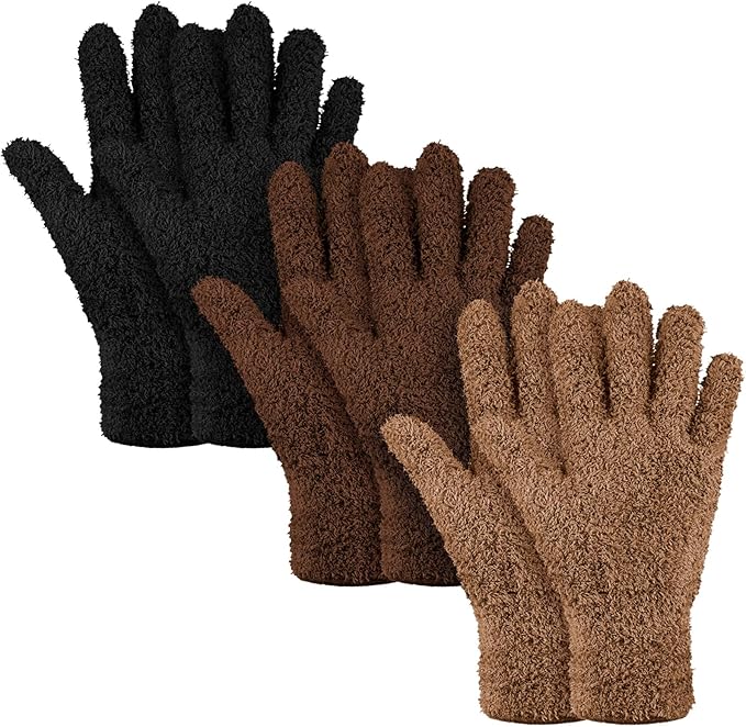 Patelai 3 Pairs Microfiber Plant Dusting Gloves Leaf Cleaning Gloves for Indoor Plants, Blinds, Furniture, House (Black,Brown,Dark Brown,Medium)