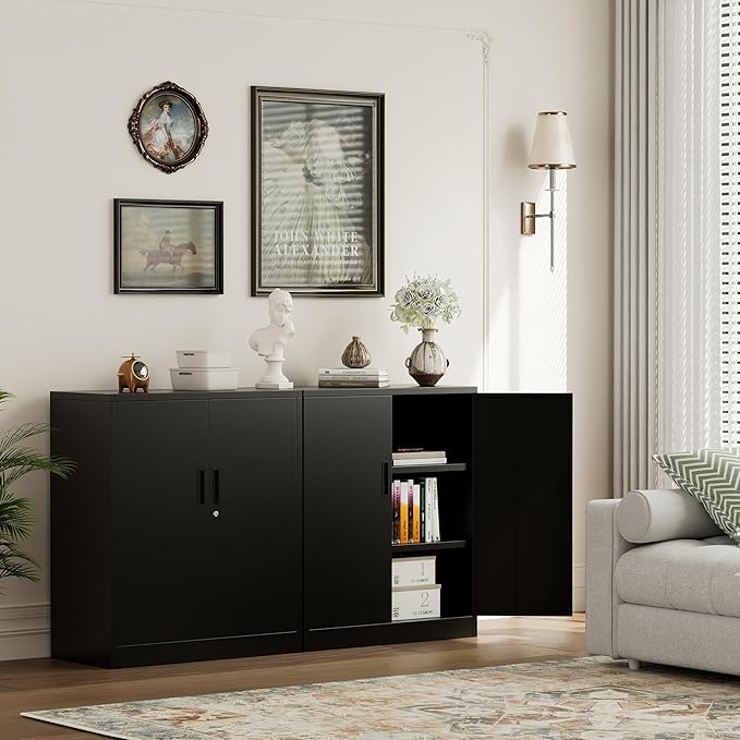 Metal Storage Cabinet 36" H,Steel Locking Cabinet with 2 Lockable Doors and 2 Adjustable Shelves Easy to Assemble for Home Office, Garage,School, Apartment, Warehouse, Utility Room,Black