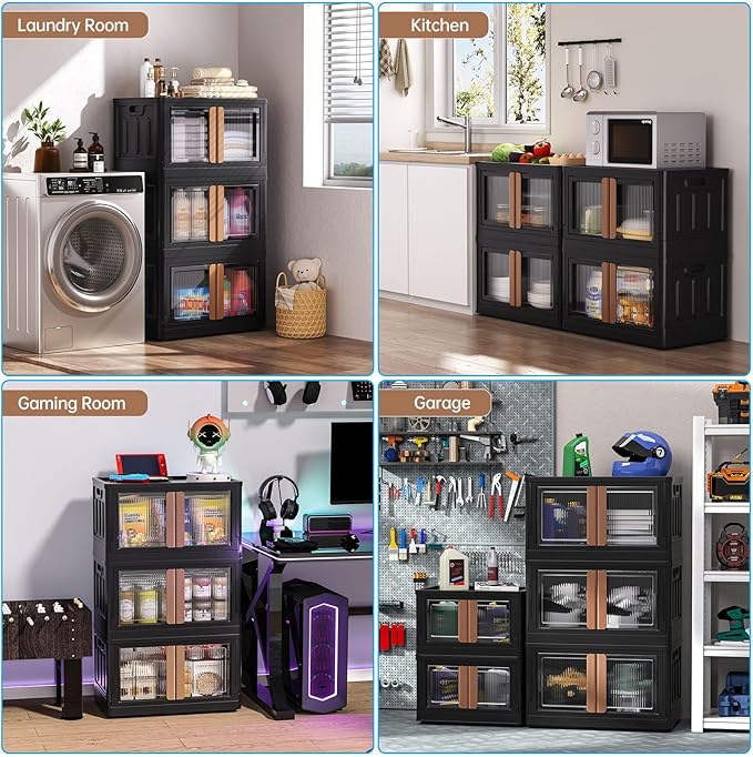 HAIXIN Storage Bins with 4 Lids - 8.4 Gal Closet Cabinet 4 Pack Plastic Stackable Organizers with Front Opening Door Black Foldable Storage Box for Home Garage Office Craft