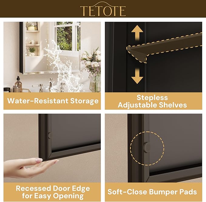 TETOTE 20 x 26 Bathroom Vanity Mirror Cabinet with Tempered Beveled Mirror Black Medicine Cabinet Aluminum Cabinet DTC Hinges, Stepless Adjustable Shelves, Recessed/Surface-Mounted