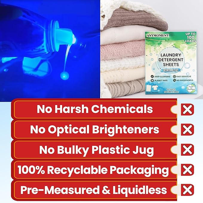 Anymonent Laundry Detergent Sheets (100 Loads) – Powerful Enzyme Formula, Deep Clean & Quick Dissolve, Fresh Scent, Eco-Friendly & Sensitive Skin Safe – 50 Sheets