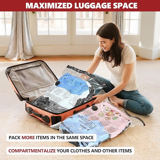 Vacuum Bags for Travel with Rechargeable Pump, 8 Medium Compression Packing Seal Bags for Luggage Suitcase, Space Saver for Clothing and Clothes Storage Travel