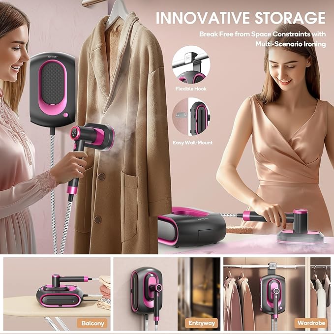 Newbealer 2In1 Pro Steam Station Iron, 1550W Turbo 3-level Steam & 3 Dry Heat Modes for Clothes, 30s Heat Up, 1.2L Detachable Tank, Auto-Off, Self Cleaning, Versatile for Home & Hotel (Ashpink)