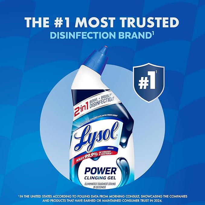 Lysol Toilet Bowl Cleaner, Max Strength Bathroom Cleaning Supplies, Toilet Bowl Cleaner Clinging Gel, Disinfecting and Deodorizing, Bleach Free, Atlantic Fresh + Forest Rain 24 oz (4 ct)