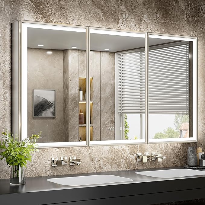 54x30 Lighted Medicine Cabinet with Mirror, Beveled Brushed Nickel Framed Surface or Recessed Fogless Dimmable LED Medicine Cabinet with Outlet, Time Display and Sensor Inner Light