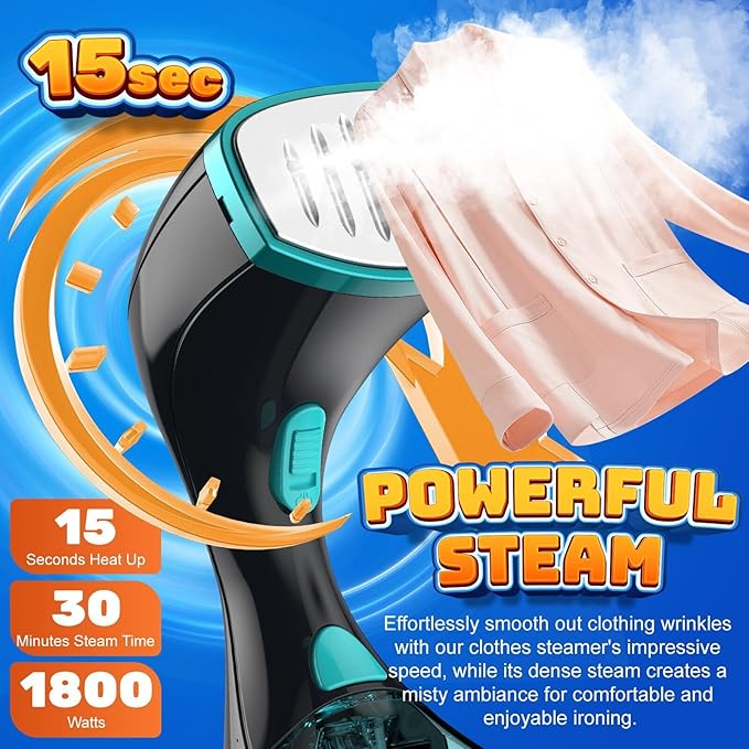 15s Fast Heat-Up and 1800W Powerful Steamer for Clothes with 3 Modes and 300ml Water Tank, Portable Clothes Steamer Iron with Heat-Resistant Glove and Fabric Brush for Home, Dorm, Travel