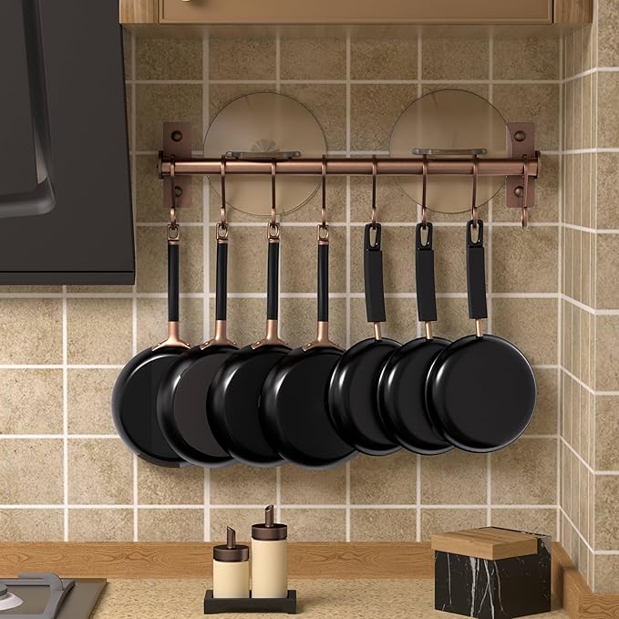Dseap Kitchen Utensil Holder Hanger, Pot and Pan Rack Wall Mounted, Kitchen Rail with 8 Hooks for Hanging Cooking Utensils, Mugs, Spoons, Wall Mounted, Antique Copper New