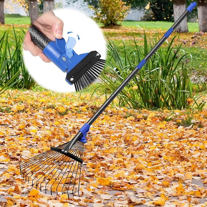 Adjustable Garden Rake for Leaves-Heavy Duty Metal Rake with 8-17" Expandable Head,Long Handle Lawn & Yard for Grass, Shrubs,Flower Beds,Camping,Outdoor Cleaning, Women & Kids