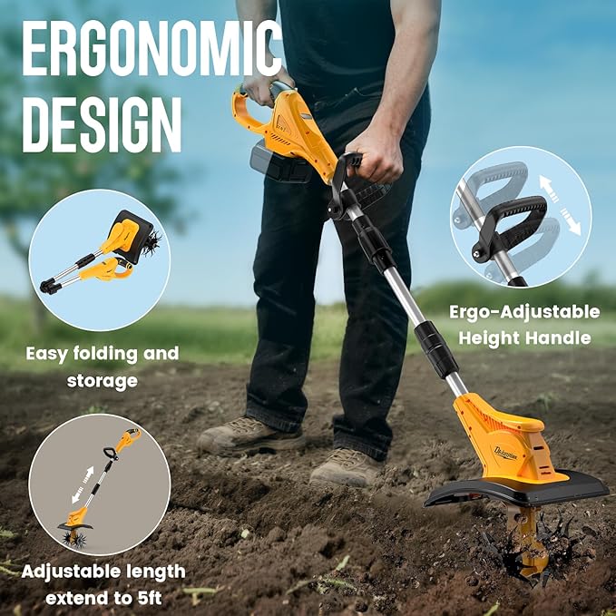 Cordless Tiller Cultivator Compatible with DEWALT 20V MAX Battery(Tool Only), Folding Electric Rototiller for Garden with 40 Steel Tines 310RPM, 9.1In Tilling Width and 6.3In Depth