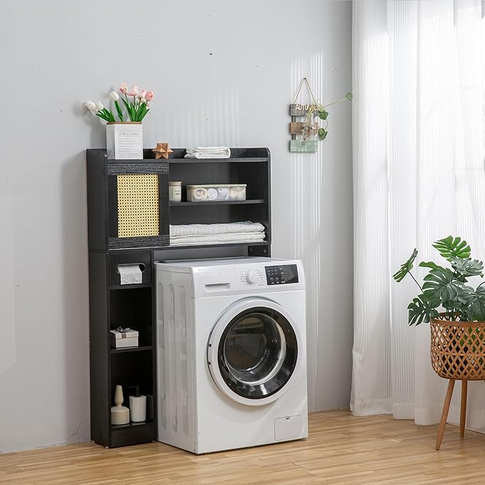 6Tier Over The Toilet Storage Cabinet, Freestanding Above Toilet Space Saver Rack w/Adjustable Shelves, Sliding Door, Multifunctional Over Toilet Organizer for Bathroom (Black)