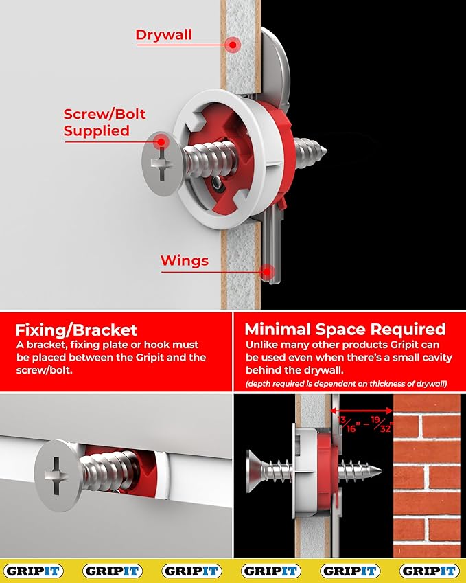 Gripit Red Drywall Anchors (Up to 145Ibs/66kg) | Heavy Duty Drywall Anchors | Wall Anchors and Screws for Drywall | Anchors and Screws Kit | Plaster Wall Anchors | 3/4" Inch Drill Bit | Reusable