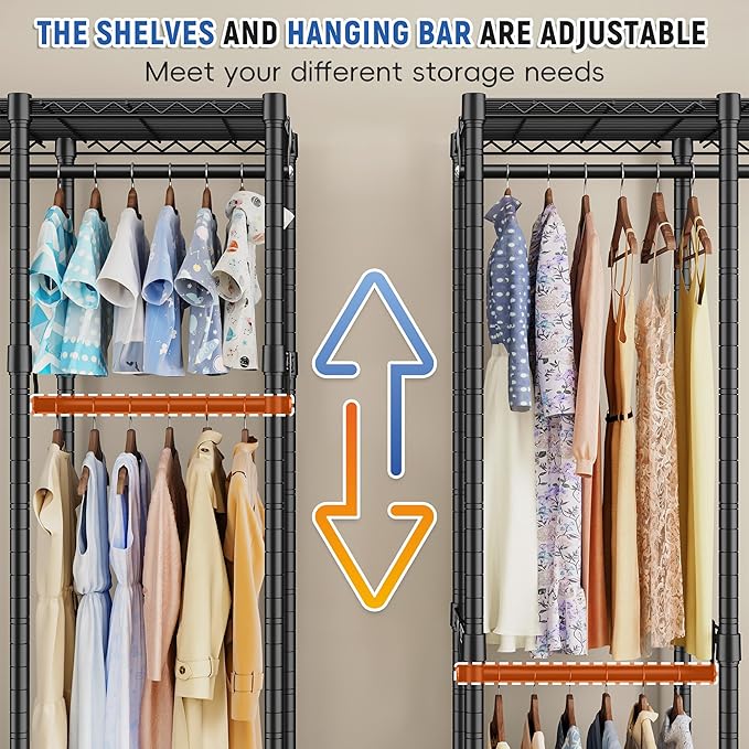 Raybee 88.2" W Clothes Rack Heavy Duty Clothing Racks for Hanging Clothes Extra Wide Portable Closet Loads 1200LBS Freestanding Garment Rack for Bedroom 88.2" W x 75.6" H x 15.7" D, Black